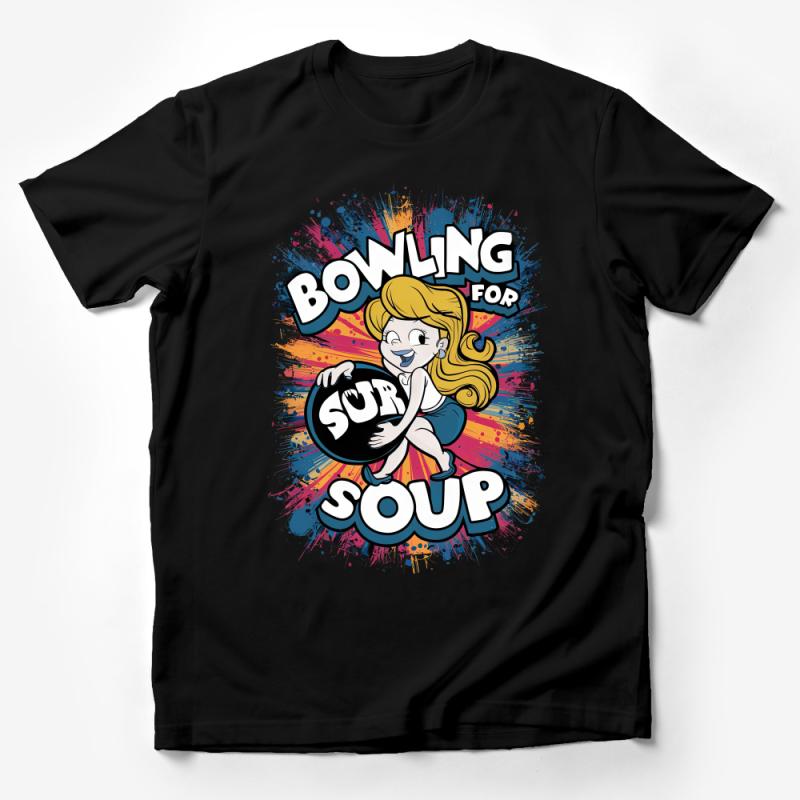 Colorful Bowling Retro Cartoon T-Shirt, Casual Bowling For Soup Graphic Tee, Unisex Summer Top, Vintage Style Comfort Wear Male T-Shirt