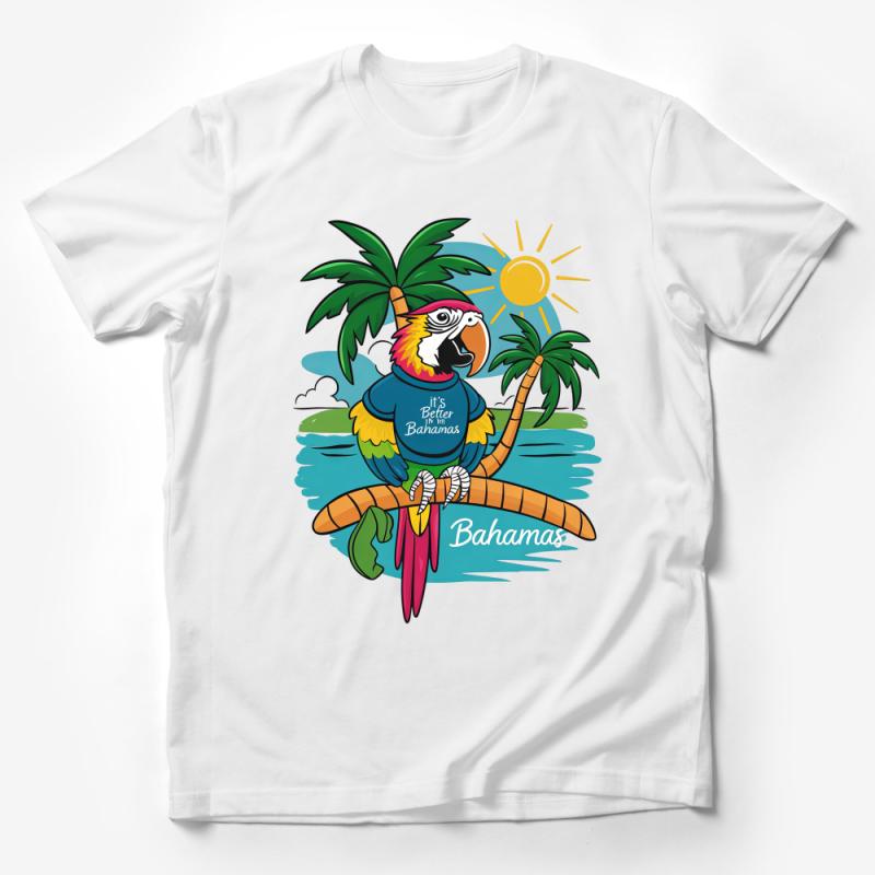 Tropical Parrot T-Shirt, Bahamas Palm Tree Graphic Tee, Sun Beach Vacation Casual Shirt, Colorful Bird Summer Top, Unisex Apparel Male T-Shirt