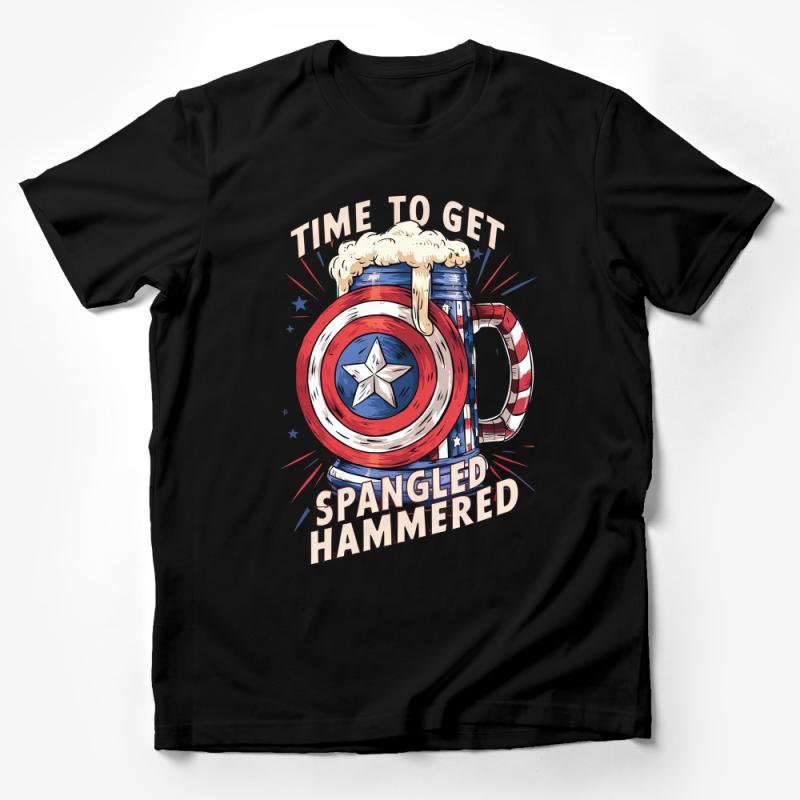 Patriotic Beer Mug T-Shirt, Time to Get Spangled Hammered Graphic Tee, American Flag Themed Party Shirt, Funny Independence Day Top Male T-Shirt