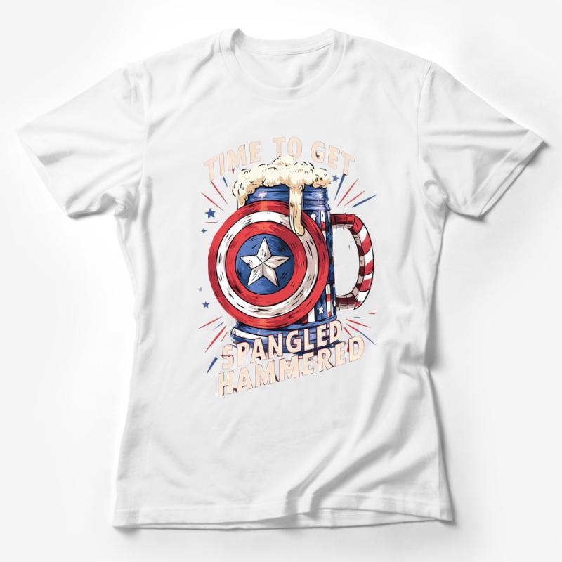 Patriotic Beer Mug T-Shirt, Time to Get Spangled Hammered Graphic Tee, American Flag Themed Party Shirt, Funny Independence Day Top Female T-Shirt