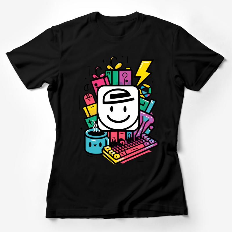 Colorful Retro Cartoon Keyboard and Gifts Graphic Tee, Unisex Vibrant T-Shirt, Casual Streetwear Female T-Shirt