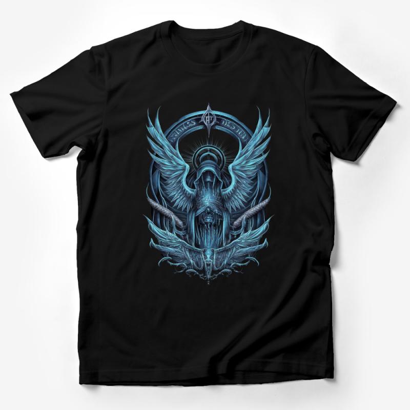 Angelic Warrior Graphic Tee, Mystical Blue Wings Destiny Artwork, Unisex T-Shirt Design, Spiritual Fantasy Clothing Male T-Shirt