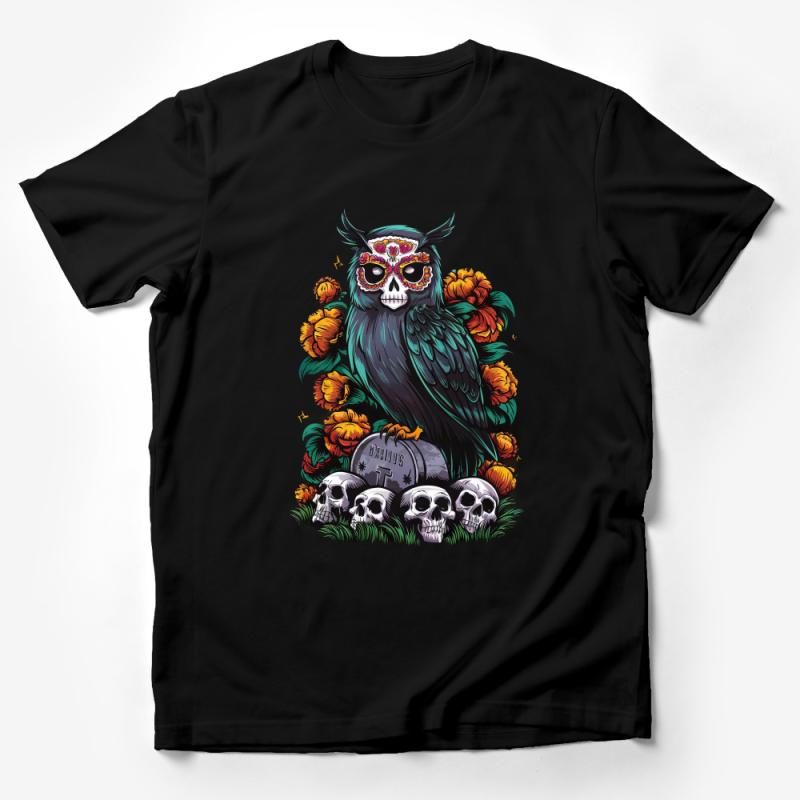 Day of the Dead Owl T-Shirt, Sugar Skull Owl Tee, Floral Gothic Bird Shirt, Unisex Mexican Festival Clothing, Halloween Owl Apparel Male T-Shirt