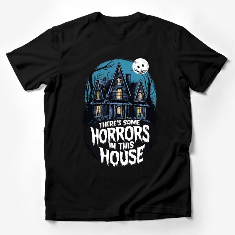 Haunted House Graphic Tee, Spooky Halloween T-Shirt, Horror Quote Apparel, Unisex Ghostly Mansion Top Male T-Shirt