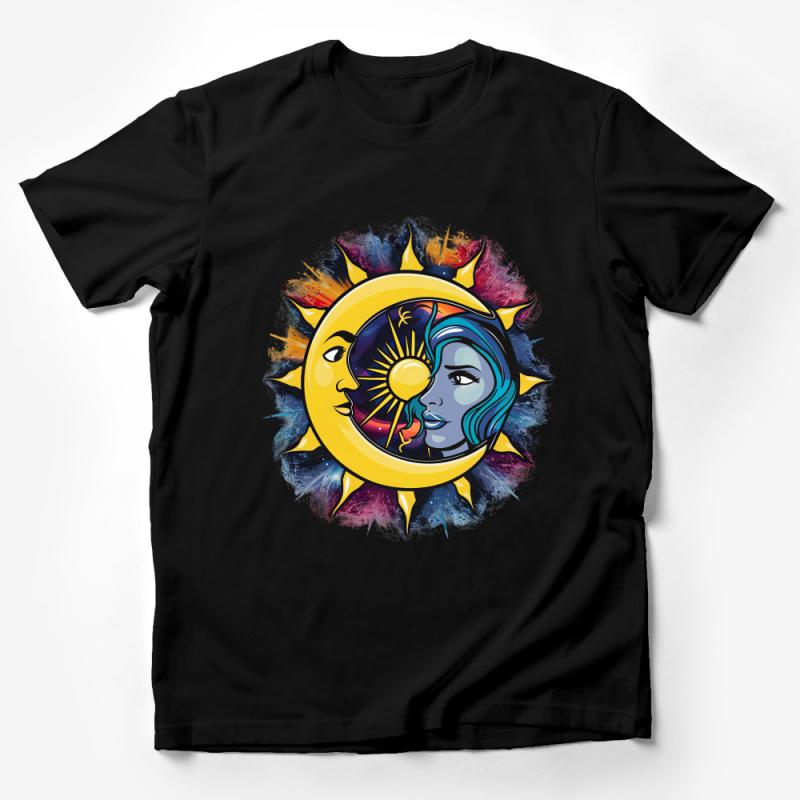 Colorful Sun and Moon Face Art T-Shirt, Mystical Celestial Graphic Tee, Unisex Fashion Male T-Shirt