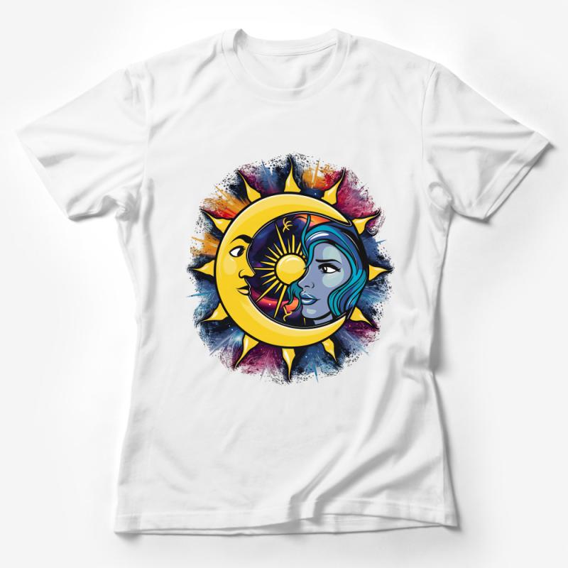 Colorful Sun and Moon Face Art T-Shirt, Mystical Celestial Graphic Tee, Unisex Fashion Female T-Shirt