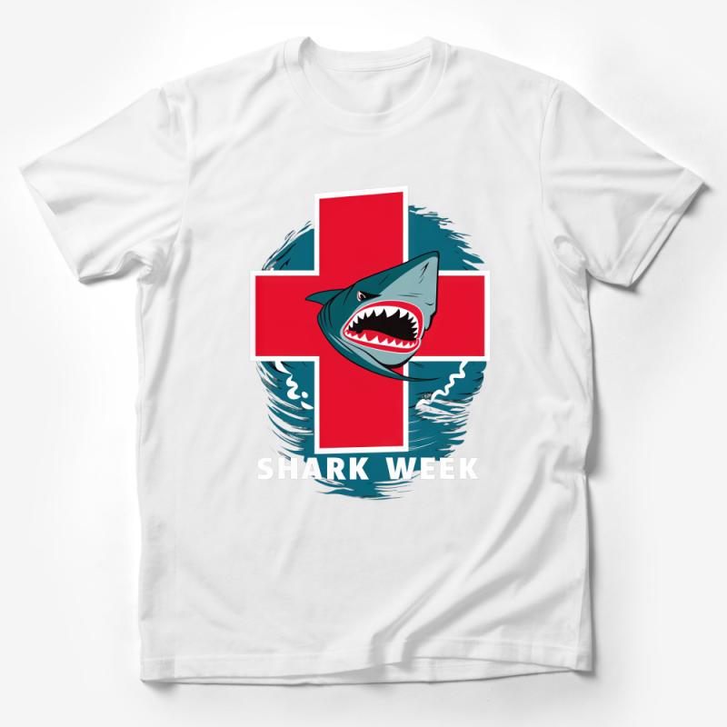 Shark Week Graphic Tee, Bold Red Cross and Shark Design, Unisex Ocean Adventure Shirt, Nature Themed Apparel Male T-Shirt