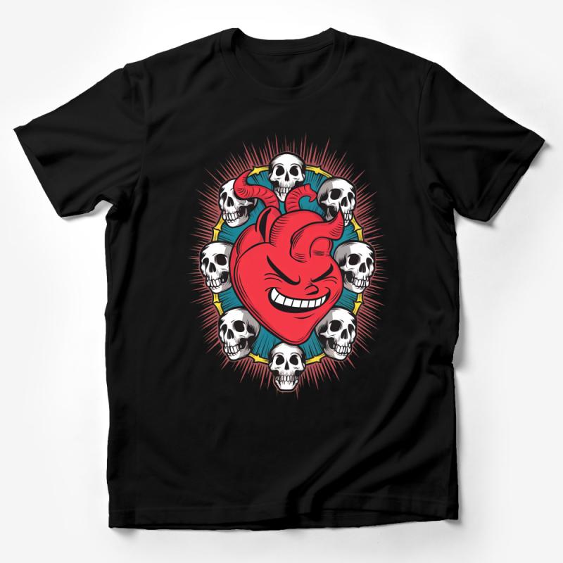 Gothic Heart Skulls T-Shirt, Edgy Streetwear, Unisex Graphic Tee, Cool Dark Aesthetic Top, Punk Style Clothing, Unique Halloween Shirt Male T-Shirt