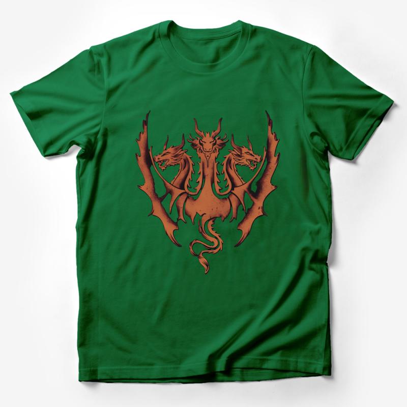 Triple Head Dragon Graphic Tee, Fantasy Creature Art T-Shirt, Unisex Mythical Beast Top Male T-Shirt