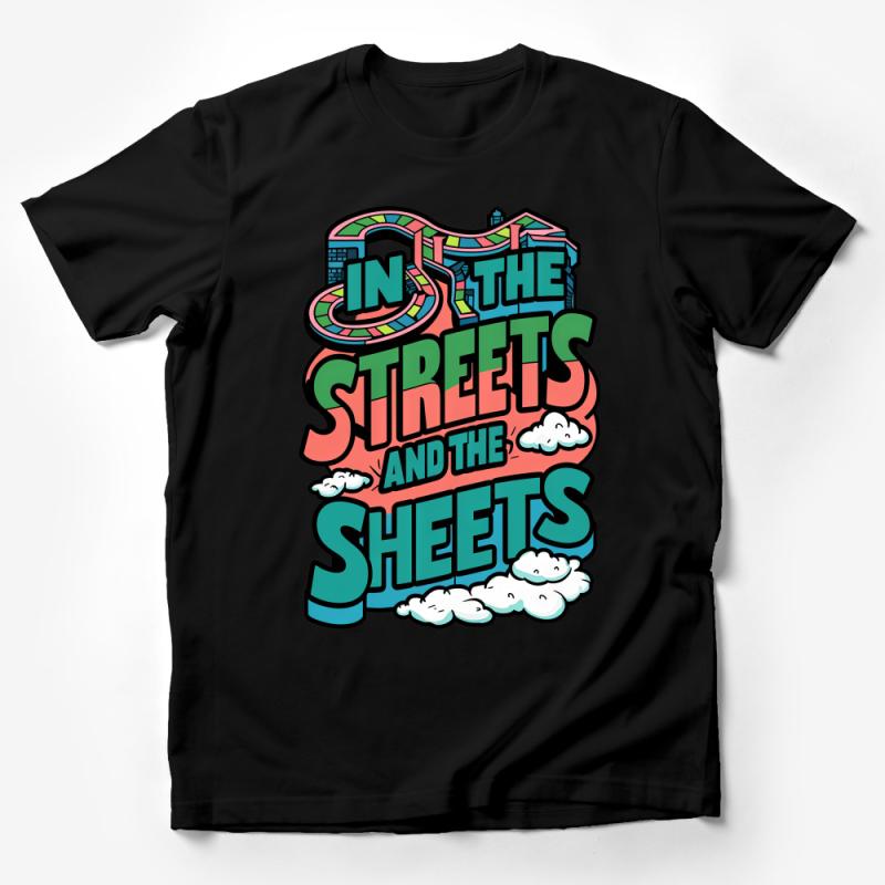 In the Streets and the Sheets Urban Graphic Tee, Colorful City Skyline Design T-Shirt Male T-Shirt