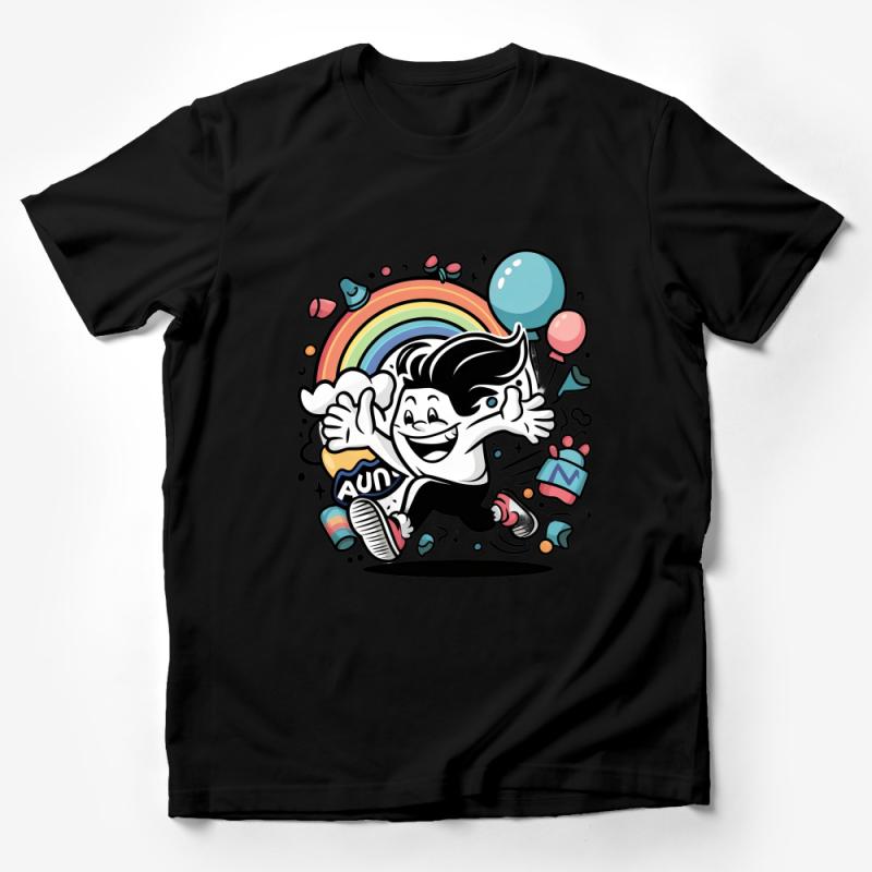 Kids Fun Rainbow Cartoon T-Shirt, Happy Child with Balloons and Gifts Tee, Colorful Unisex Children's Clothing, Joyful Kid's Top Wear Male T-Shirt