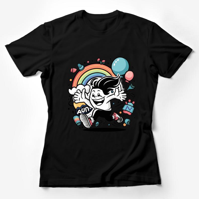 Kids Fun Rainbow Cartoon T-Shirt, Happy Child with Balloons and Gifts Tee, Colorful Unisex Children's Clothing, Joyful Kid's Top Wear Female T-Shirt