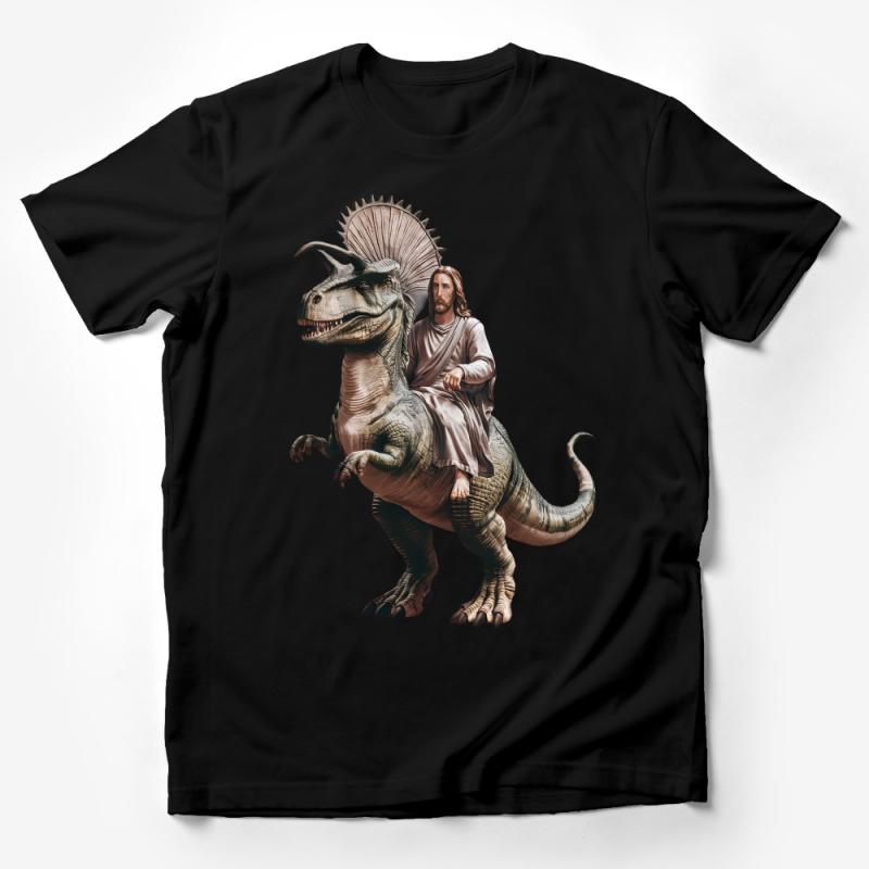 Dinosaur Riding Historical Figure Graphic Tee, Unisex T-Shirt, Unique Fantasy Art Shirt, Novelty Gift Tee, Cool Dinosaur Lover Top Male T-Shirt