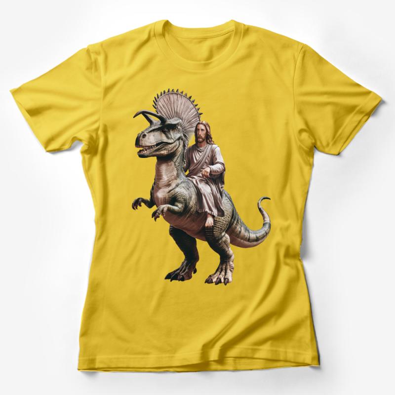 Dinosaur Riding Historical Figure Graphic Tee, Unisex T-Shirt, Unique Fantasy Art Shirt, Novelty Gift Tee, Cool Dinosaur Lover Top Female T-Shirt