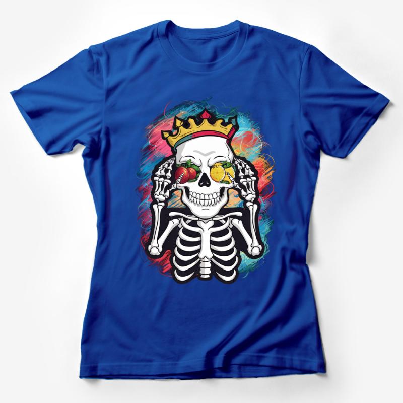 Quirky Skull with Crown and Citrus Fruits Graphic T-Shirt, Vibrant Unisex Casual Wear for All Seasons Female T-Shirt