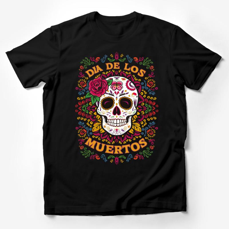 Dia de los Muertos Skull T-Shirt, Colorful Sugar Skull Tee, Mexican Day of the Dead Shirt, Folk Art Apparel, Floral Skull Design Male T-Shirt