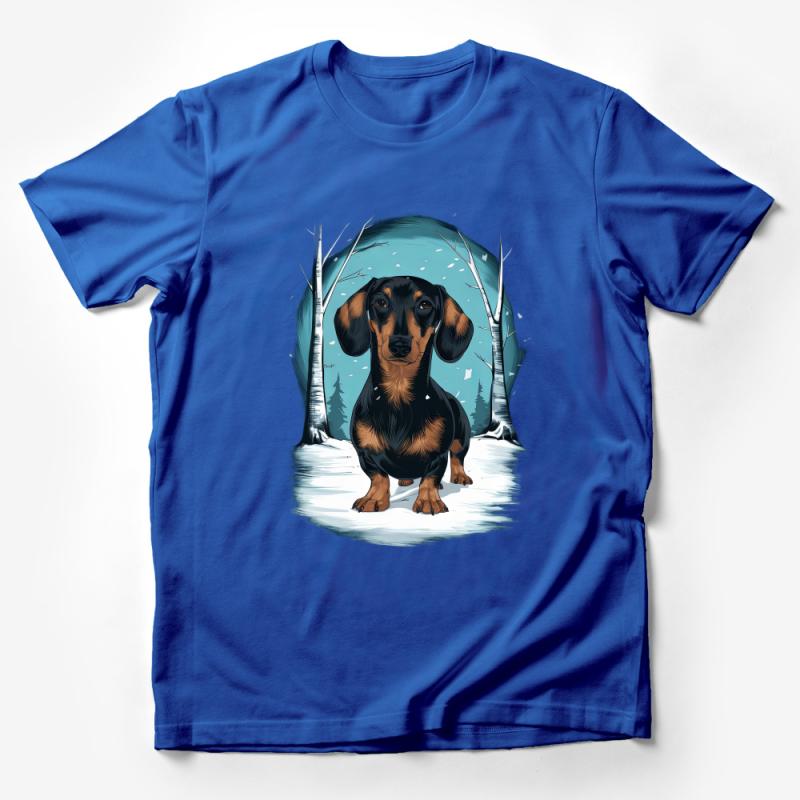 Dachshund T-Shirt, Winter Landscape Dog Lover Tee, Cute Wiener Dog Graphic Shirt, Unisex Pet Owner Gift Male T-Shirt