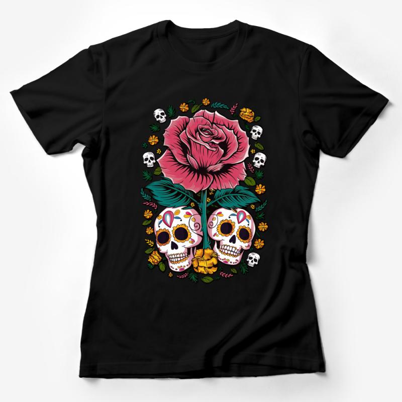 Gothic Rose and Sugar Skulls T-Shirt Design, Dia de los Muertos Apparel, Floral Skull Unisex Tee Female T-Shirt