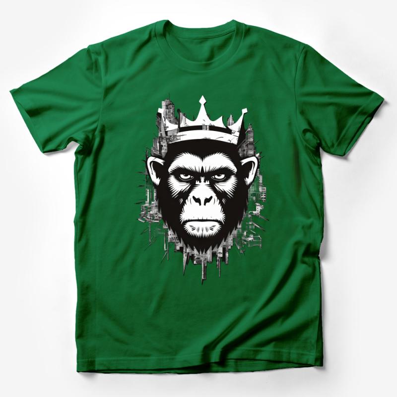 Urban Jungle King Ape Graphic T-Shirt, Monochrome Cityscape Crown Design Male T-Shirt