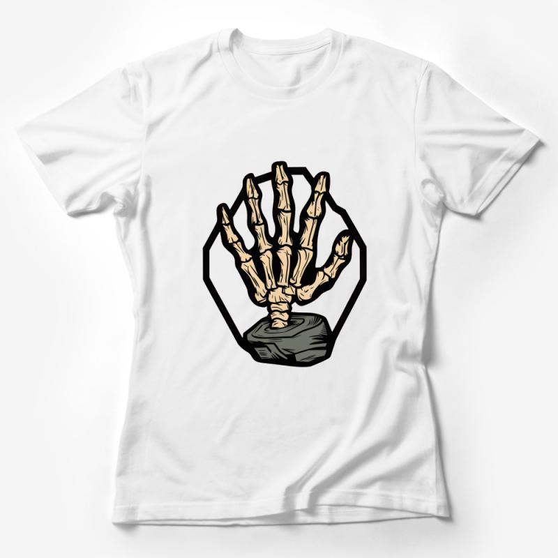 Vintage Skeleton Hand T-Shirt, Retro Bone Graphic Tee, Unique Hexagon Border Design Top Female T-Shirt