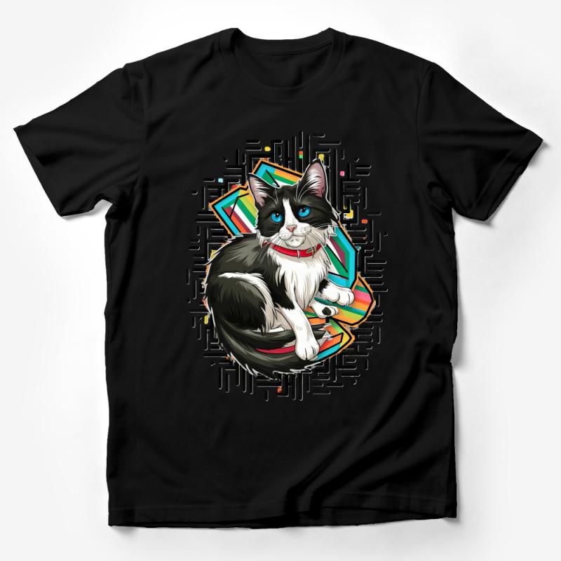 Colorful Abstract Cat T-Shirt, Artistic Feline Graphic Tee, Casual Cute Cat Lover Shirt, Unisex Animal Apparel Male T-Shirt