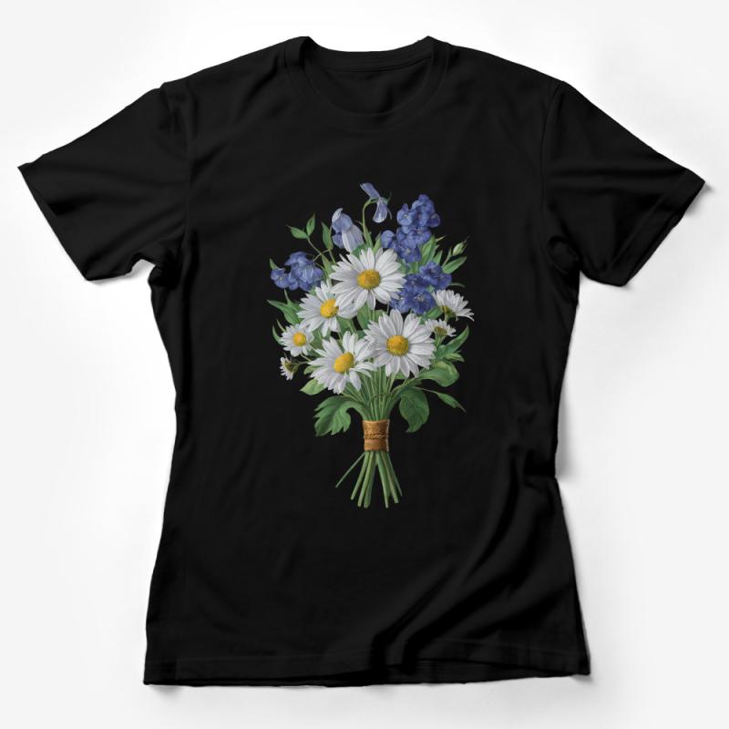 Women's Floral Bouquet T-Shirt, Artistic Botanical Print Tee, Casual Fashion Flower Top, Elegant Daisy and Bellflower Design Shirt Female T-Shirt