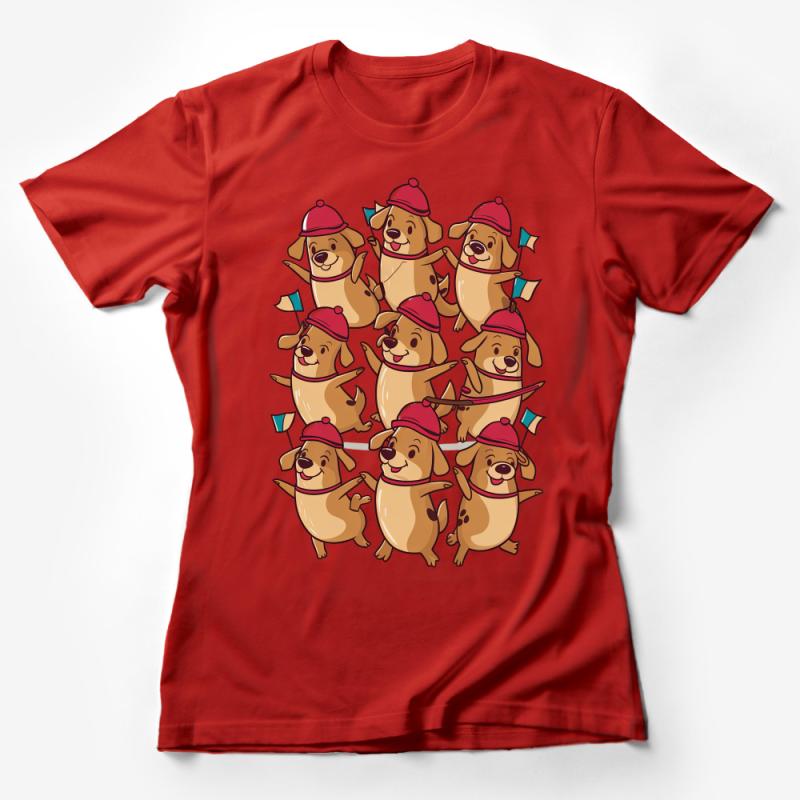 Dog Kite Flying Party T-Shirt, Cute Cartoon Dogs in Red Caps, Fun Animal Tee, Unisex Shirt for Dog Lovers, Gift Idea, Casual Wear Female T-Shirt