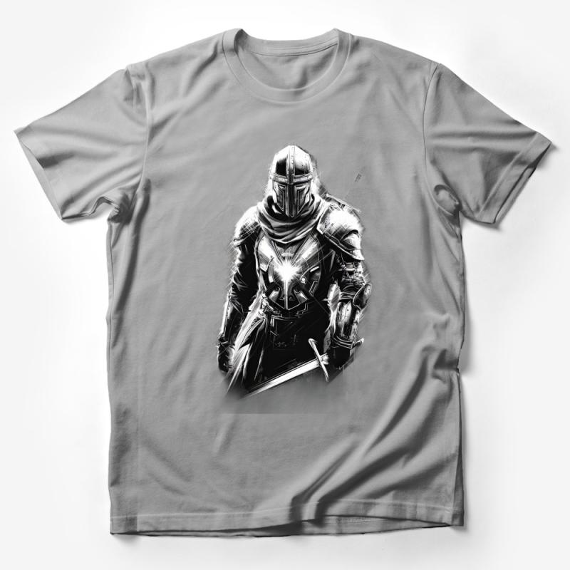 Futuristic Armor Warrior Graphic Tee, Black and White Sci-Fi T-Shirt, Men's Unique Illustration Shirt, Geek Apparel, Cosplay-Inspired Top Male T-Shirt