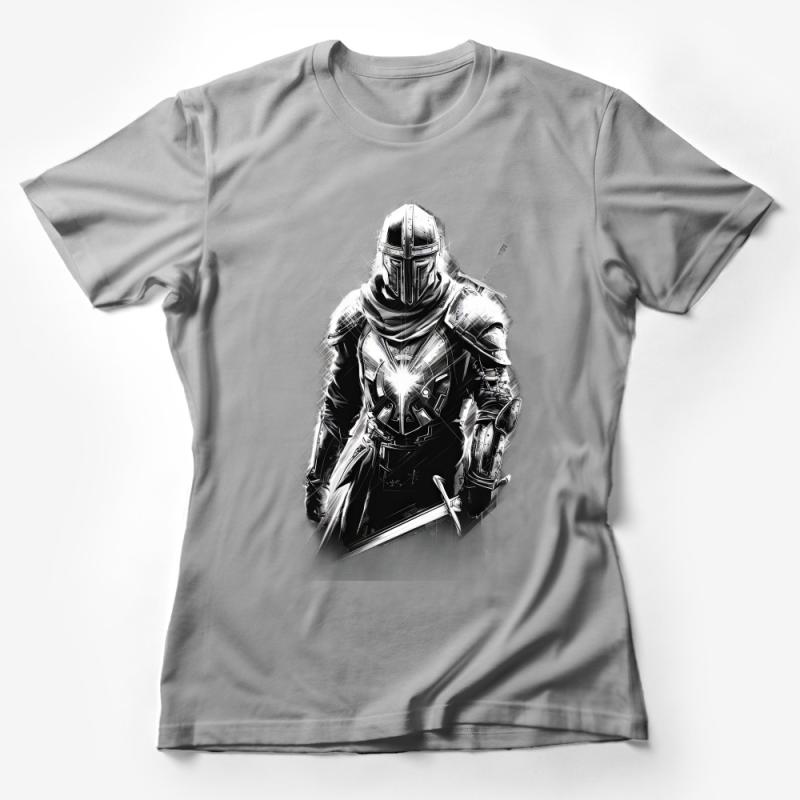 Futuristic Armor Warrior Graphic Tee, Black and White Sci-Fi T-Shirt, Men's Unique Illustration Shirt, Geek Apparel, Cosplay-Inspired Top Female T-Shirt