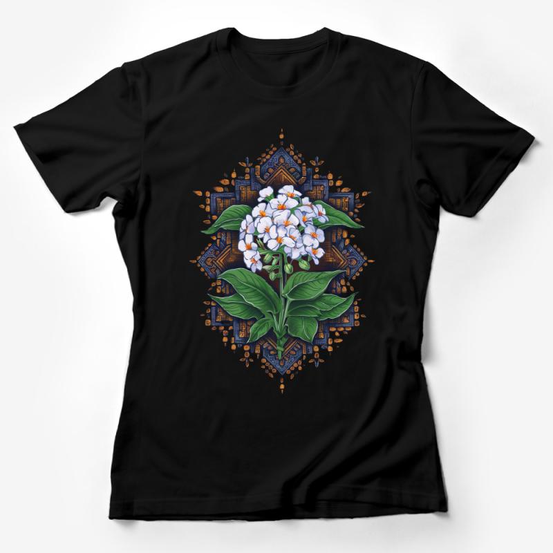 Bohemian Floral Mandala T-Shirt, White Plumeria Flower Print, Unisex Graphic Tee, Artistic Casual Wear, Summer Festival Top for All Female T-Shirt