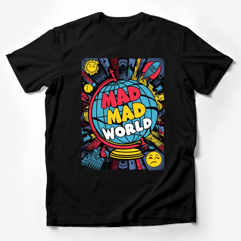 Colorful Mad World Graphic T-Shirt, Urban Art Tee, Unisex Street Style Shirt, Bold Typography Design Top, Unique Apparel Gift Male T-Shirt