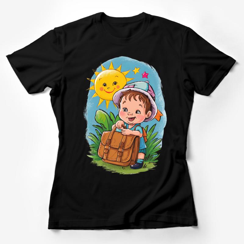 Kids Adventure T-Shirt, Cute Cartoon Explorer with Backpack, Sun and Stars, Boys and Girls Tee, Colorful Graphic Design Top Female T-Shirt