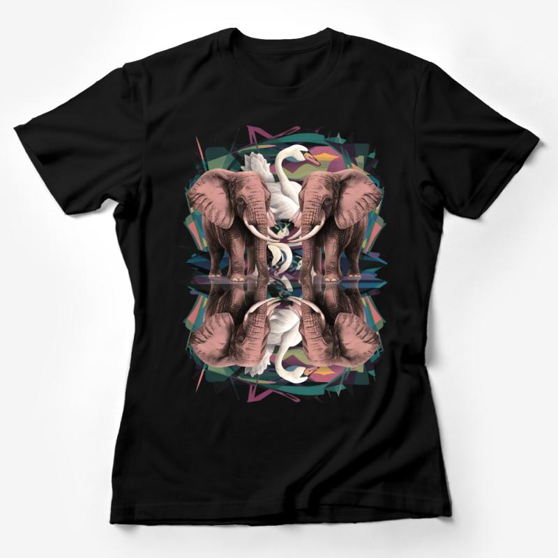 Unique Elephant and Swan Nature Inspired Symmetrical Art T-Shirt Design Female T-Shirt