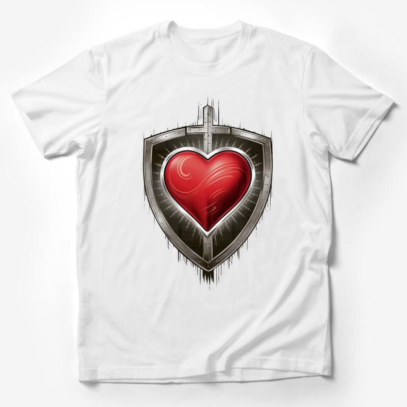 Unique Love Emblem Heart Shield Graphic Tee, Stylish Valentine's Day T-Shirt Gift Male T-Shirt