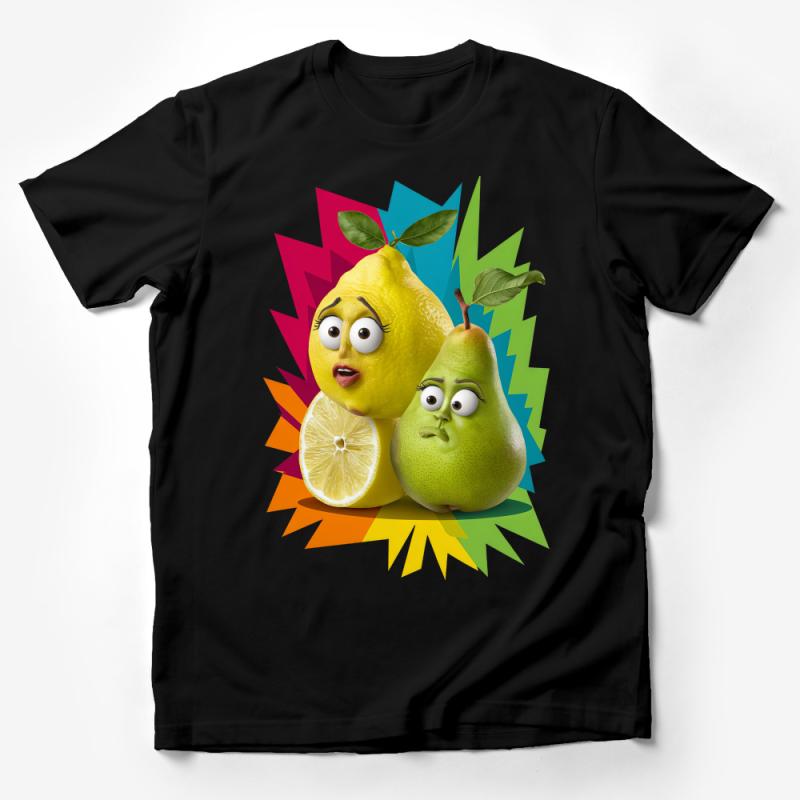 Cute Cartoon Pear and Lemon Friends T-Shirt, Colorful Fruit Character Tee, Unisex Graphic Shirt for All Ages Male T-Shirt