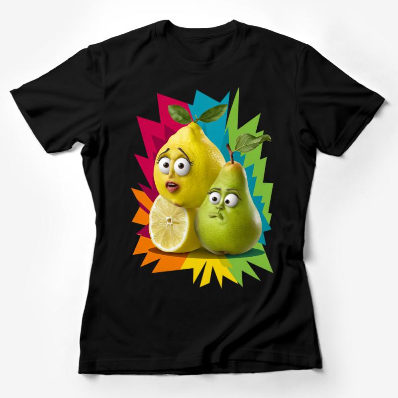 Cute Cartoon Pear and Lemon Friends T-Shirt, Colorful Fruit Character Tee, Unisex Graphic Shirt for All Ages Female T-Shirt