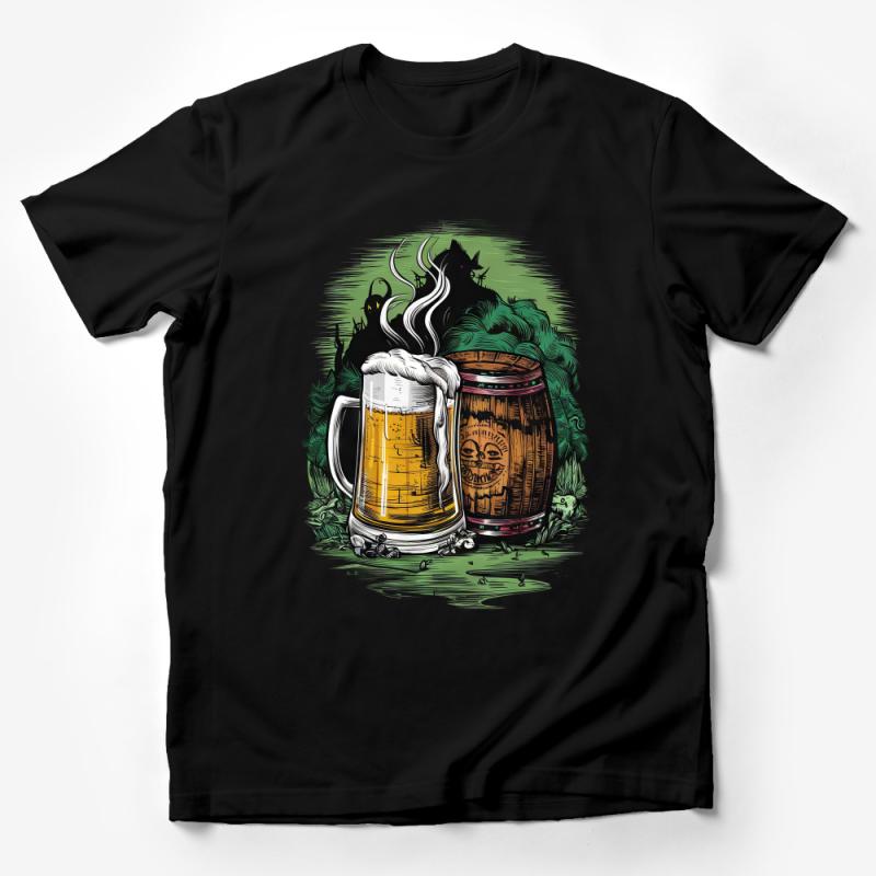 Mystical Forest Beer Mug and Barrel Graphic T-Shirt, Nature Inspired Brewery Design Shirt, Unisex Adult Male T-Shirt