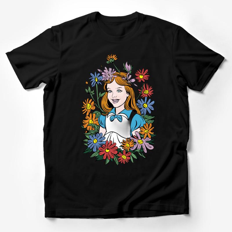 Whimsical Floral Girl Illustration, Bright and Colorful T-Shirt Design, Stylish Casual Wear Male T-Shirt