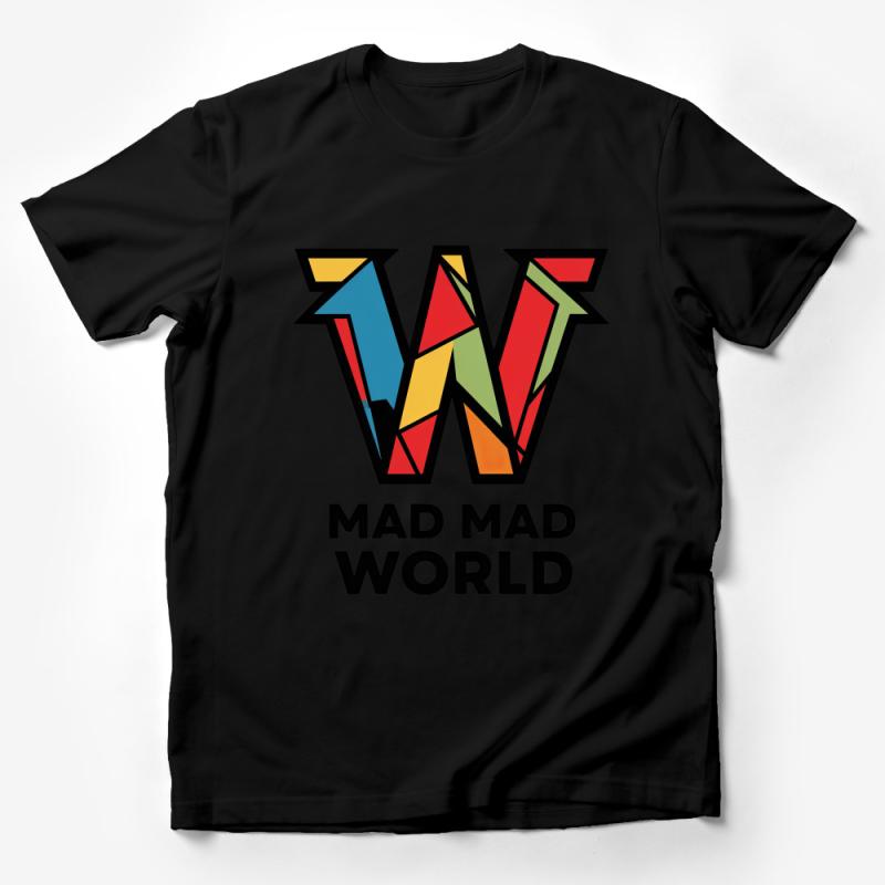 Colorful Abstract W Graphic Tee, Mad Mad World Bold Typography T-Shirt, Unisex Statement Tee, Vibrant Retro Style Shirt, Casual Apparel Male T-Shirt