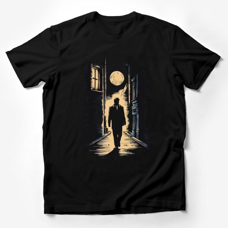 Vintage Noir Style Alleyway Silhouette T-Shirt, Moonlit Mystery Graphic Tee Male T-Shirt