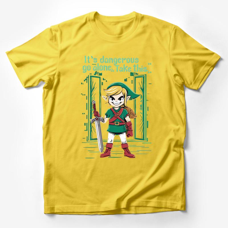 Unisex Gamer T-Shirt, Retro Video Game Character, It's Dangerous Quote Top, Green Adventure Tee, Fantasy Gaming Gift, Cool Pixel Art Shirt Male T-Shirt