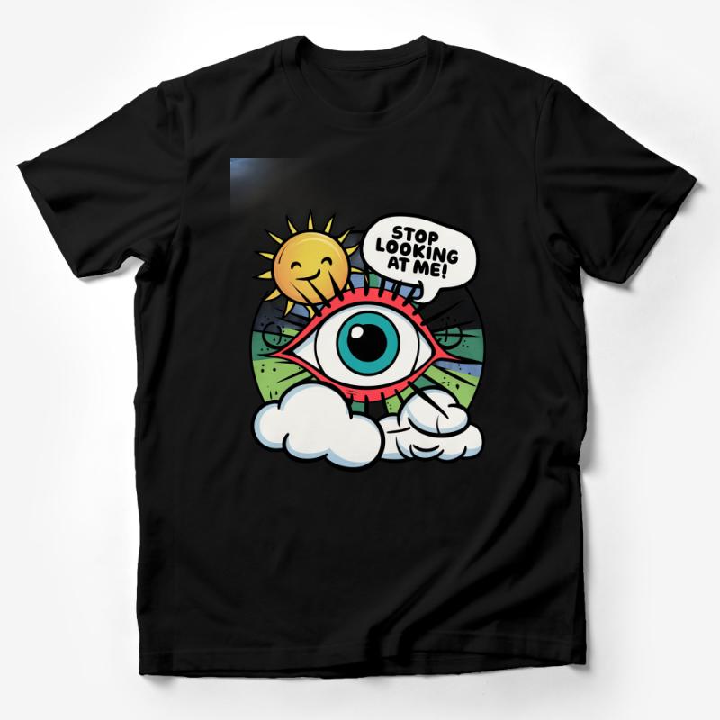 Unique Eye Graphic T-Shirt with Sun and Clouds Stop Looking at Me! Design Male T-Shirt