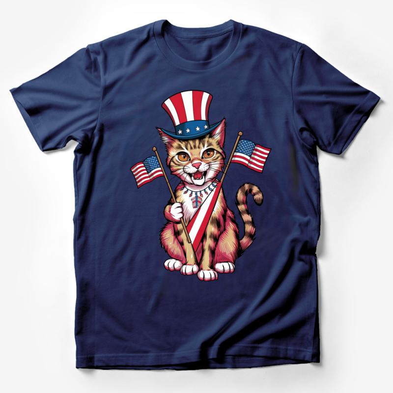 Patriotic Cat with American Flags and Hat Illustration T-Shirt, Unisex Graphic Tee for Independence Day Male T-Shirt