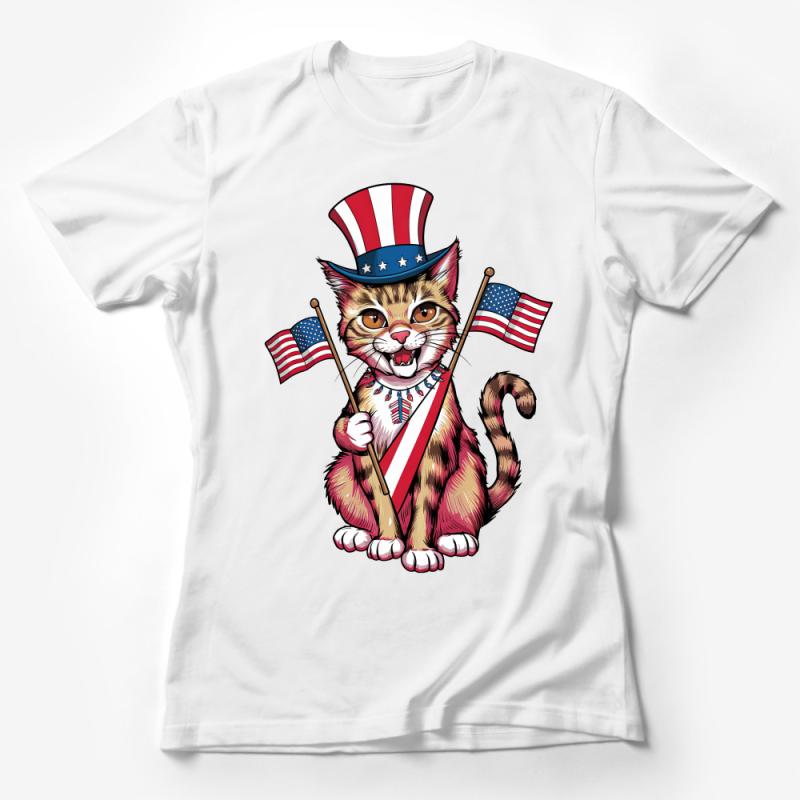 Patriotic Cat with American Flags and Hat Illustration T-Shirt, Unisex Graphic Tee for Independence Day Female T-Shirt