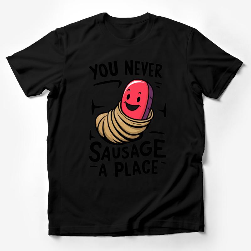 Funny Sausage T-Shirt, You Never Sausage A Place Tee, Humorous BBQ Party Shirt, Food Pun Apparel, Casual Graphic Top for Foodies Male T-Shirt