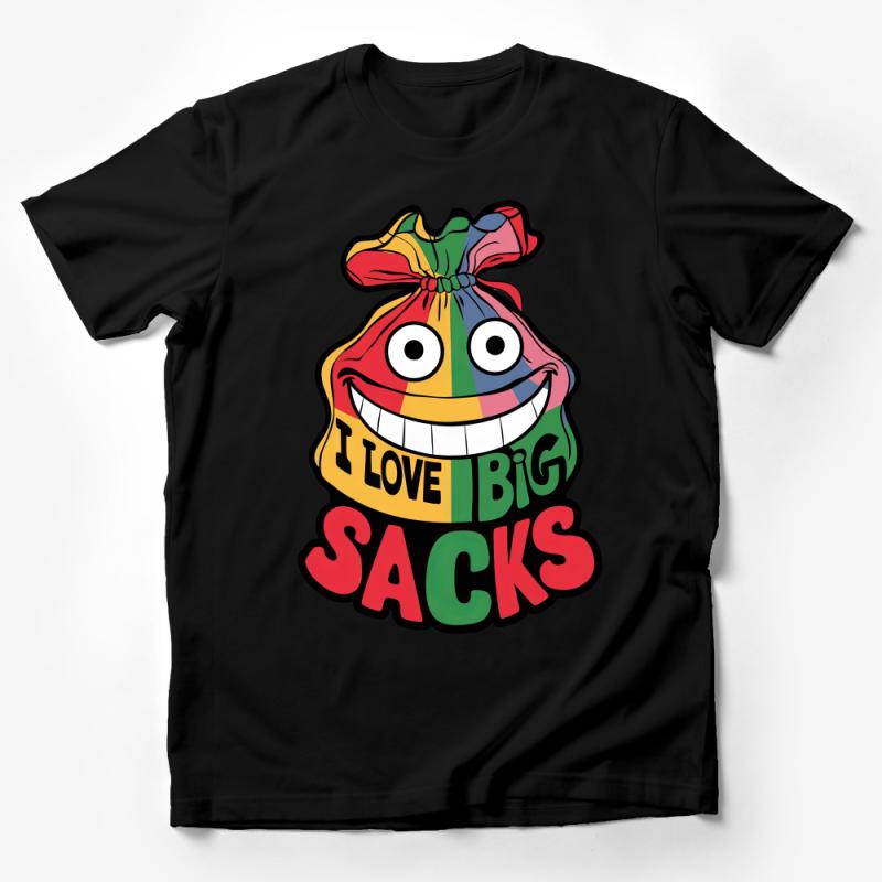 Colorful Whimsical Sack Character T-Shirt, I Love Big Sacks Funny Tee, Unique Graphic Shirt, Unisex Cotton Top Male T-Shirt