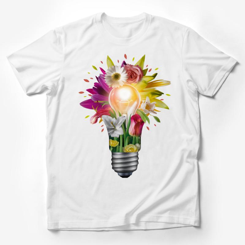 Floral Light Bulb T-Shirt, Colorful Spring Flowers Tee, Creative Graphic Design Shirt, Unisex Nature Inspired Top Male T-Shirt