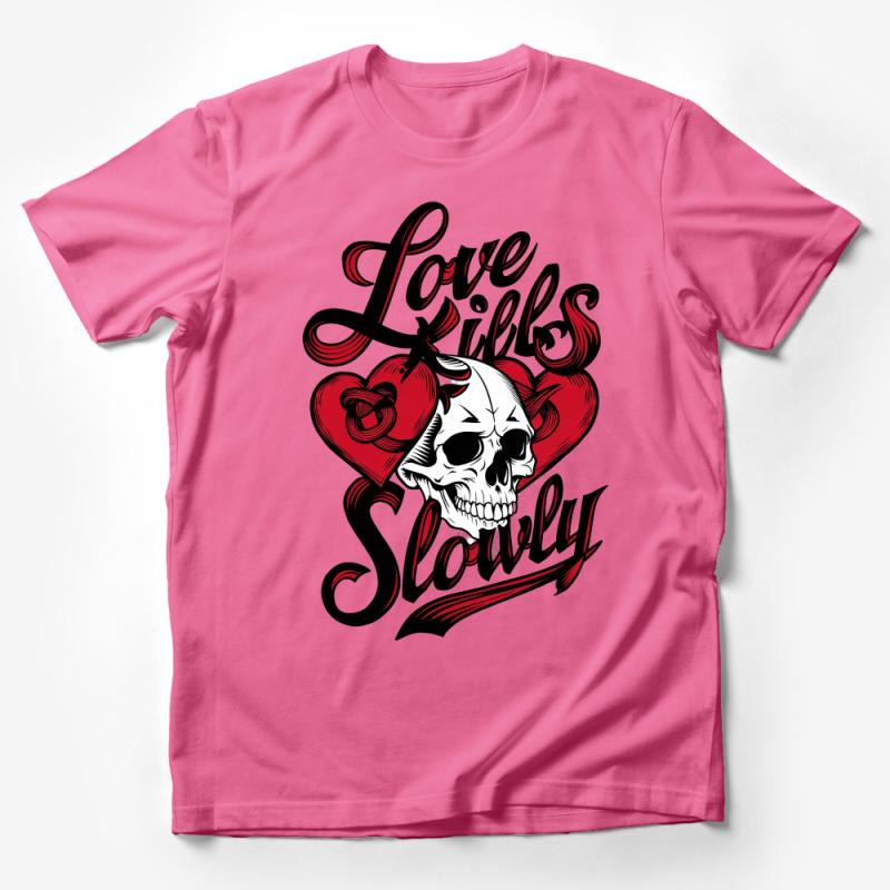 Gothic Love Kills Slowly Skull and Heart T-Shirt, Bold Graphic Tee Male T-Shirt