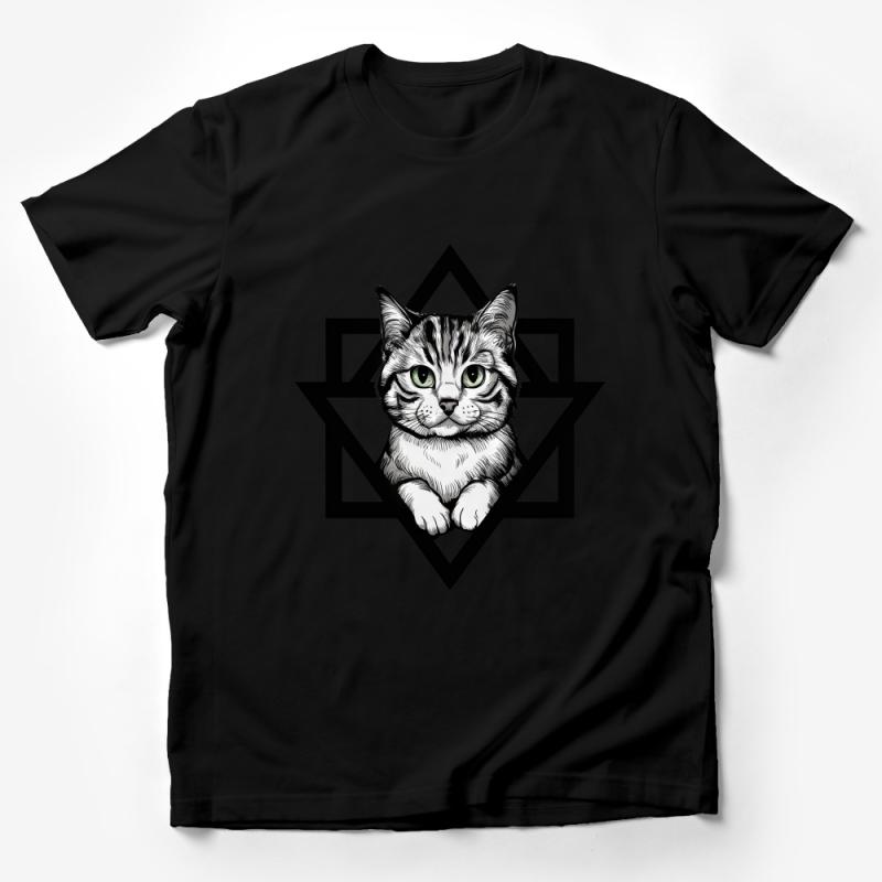 Cat Lover T-Shirt, Geometric Feline Design, Unisex Cat Graphic Tee, Casual Wear, Gift for Cat Owners, Pet Lover Apparel, Hipster Style Male T-Shirt