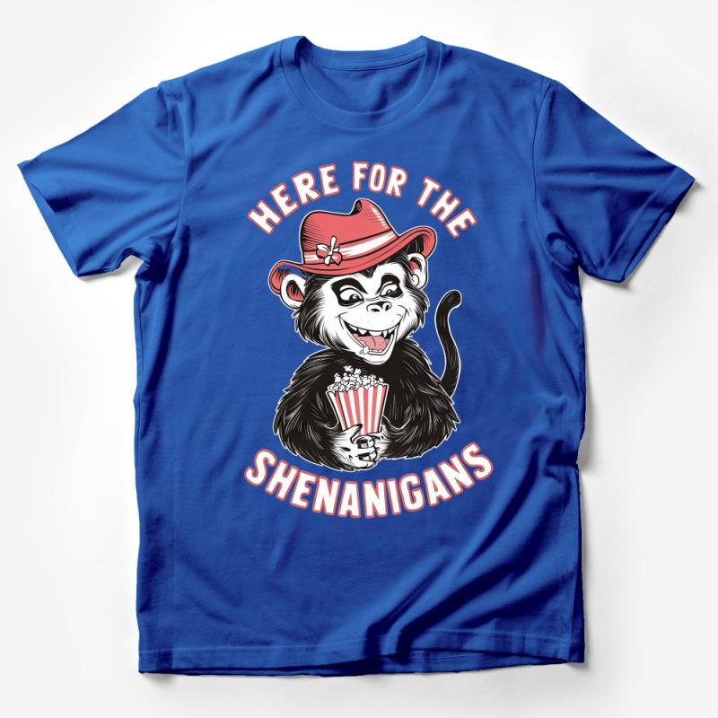 Monkey Graphic Tee, Here For The Shenanigans T-Shirt, Fun Party Shirt, Popcorn Monkey, Unisex Tee Male T-Shirt